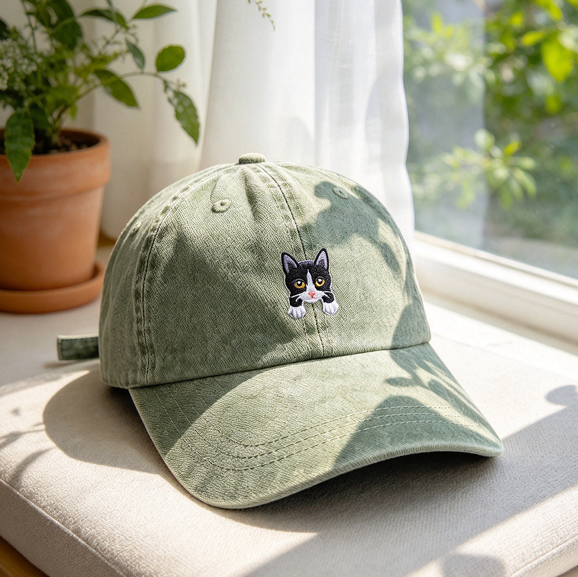 Pigment-Dyed Washed Baseball Cap with Cat Patch