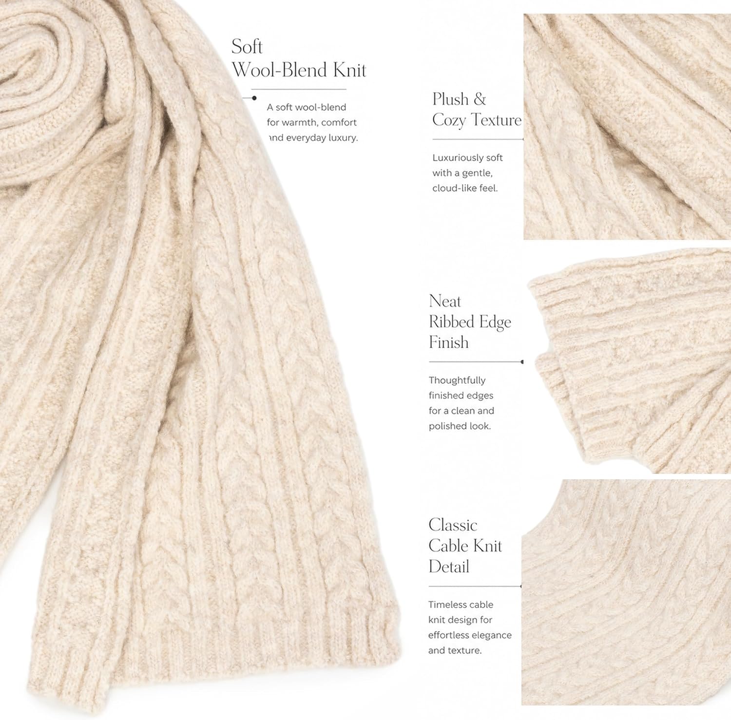 Cable-Knit Wool-Blend Chunky Scarf for Adults - Image 2