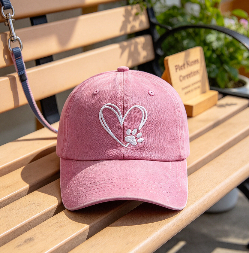 Cotton Baseball Cap with Dog Paw Heart Motif